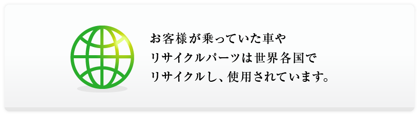 お客様が乗っていた車やリサイクルパーツは世界各国でリサイクルし、使用されています。