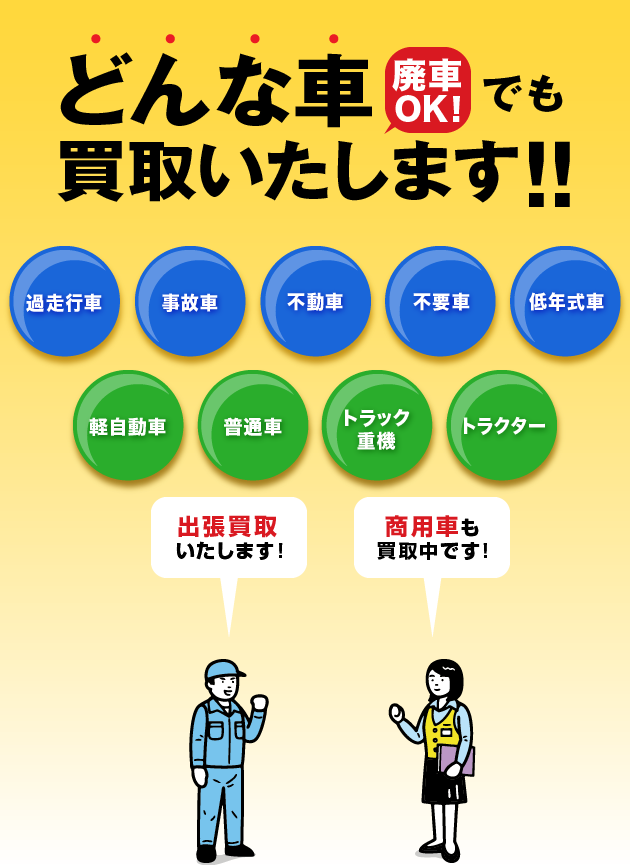 どんな車でも買取いたします!!廃車OK！出張買取いたします！商用車も買取中です！過走行車　事故車　不動車　不要車　低年式車　軽自動車　普通車　トラック重機　トラクター